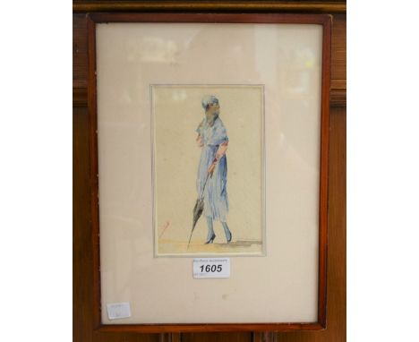 French School (early 20th century)Study of a Lady of Fashion, in stylised 1920s Dressmonogrammed, watercolour sketch, 17cm x 