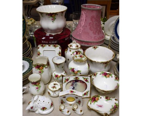 A Royal Albert Old Country Roses pattern large planter, boxed; another smaller; others including vases, lamp, photo frames, c