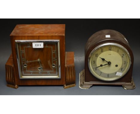 A 1930's Art Deco Enfield bakelite mantel clock; another, Perivale wooden mantel clock (2)