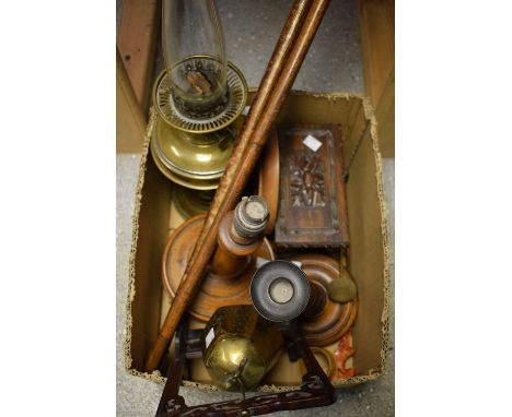 Boxes and Objects - a brass duplex twin burner oil lamp; a carved oak casket; a turned oak table lamp; an oak barley twist ca