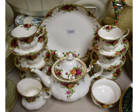 A Royal Albert Old Country Roses pattern tea set, comprising teapot, milk and sugar, six teacups, saucers and tea plates, bre