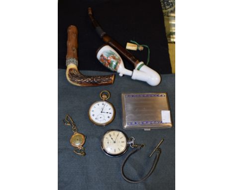 A gentleman's open face pocket watch, gold plated, Thomas Russell, Liverpool; a silver plated and enamel cigarette case; a la