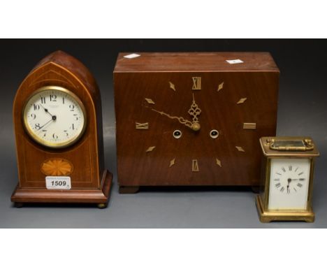 Clocks - a Mappin & Webb inlaid mahogany Lancet cased mantel clock, creamy white dial, Arabic numerals, minute track, French 