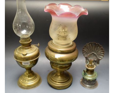 Lighting - a Victorian brass oil lamp, frosted white and cranberry glass shade; others (3) 