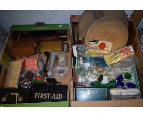 Boxes and Objects - first aid kit, fishing reel, binoculars, kitchenalia, etc (2) 