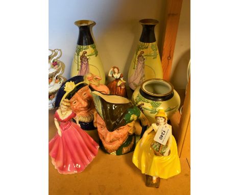 Ceramics - a pair of K B anchor pottery Art Nouveau Cleo pattern tapering vases, another smaller; a large Royal; doulton char