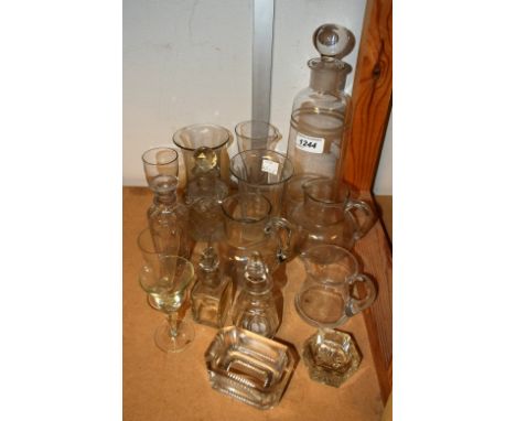 Glassware - a faceted clear glass scent bottle, two others similar; a tapering cylindrical decanter, globular stopper; drinki