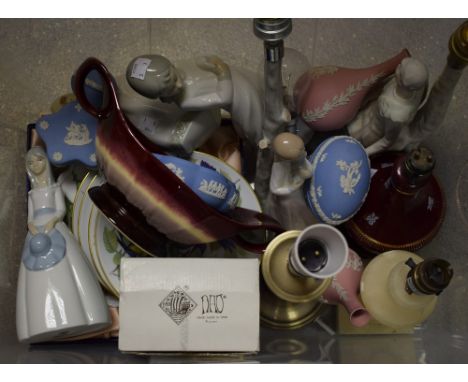 Ceramics - Wedgwood Jasperware; a table lamp, decorative ceramics, Nao figures, collector's plates, Royal Albert; qty