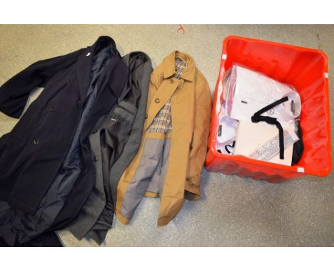 Textiles - gentlemen's dress shirts, collars, bow ties; a vintage navy blue gentleman's overcoat; two others similar; a pair 
