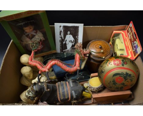 Boxes and Objects - a green Morocco leather etui case; an oak tea caddy; a novelty Chinese dragon model; nutcrackers; EP teas