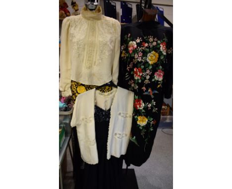 Vintage Costume - a hand embroidered kimono, c.1930s; an embroidered Canton piano shawl; an Edwardian hand embroidered silk b