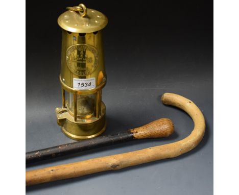 Mining History - a brass Eccles miner's lamp; a Nottinghamshire colliery deputy's stick in ash with knop terminal; a hedgrow 