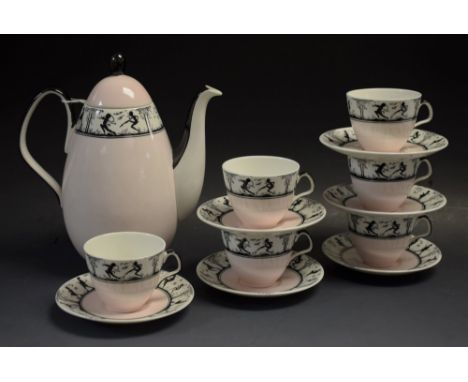 A Foley Pixies and Fairies pattern coffee set, transfer printed with a silhouetted band of gambolling woodland folk, dancing 