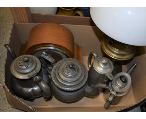 A Messengers Duplex brass oil lamp; mantel clock; pewter and other teapots