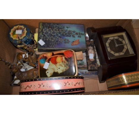 An Art Deco Bakelite mantel clock; an Art Deco photograph frame; a pair of cold painted Spelter stags; a quantity of vintage 