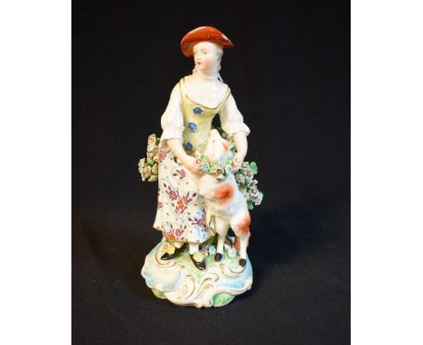 A Derby Patch Mark figure, Garland Shepherdess, she standing wearing a yellow bodice and floral dress, with a sheep wearing a