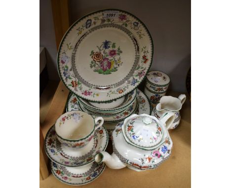 A Spode Chinese Rose part breakfast service, comprising teapot, milk jug, preserve pot, teacups and saucers, etc., printed ma