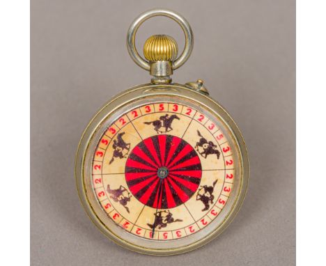 A wind-up pocket horse racing game, the printed face with six horses with jockey up set into a plated pocket watch case. 