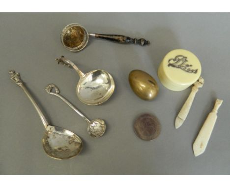 A small quantity of miscellaneous items, including silver sifter, bookmarks, etc.  Apostle spoon 17 cm long.