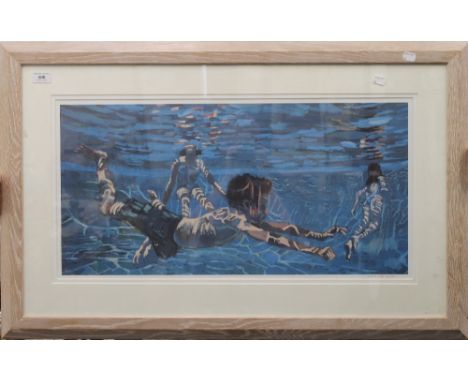 PATRICK GIBBS, Children in a Swimming Pool, limited edition print, numbered 14/30, framed and glazed. 95 cm wide overall.