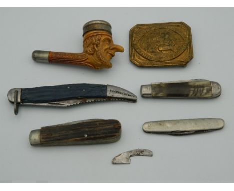 A Victorian Meerschaum pipe, a belt buckle and a quantity of pen knives