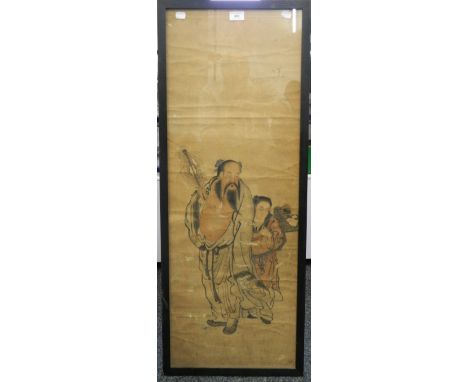 A 19th century Chinese scroll painting, Zhong Quan, One of the Eight Immortals, framed and glazed. 40 x 103 cm overall.