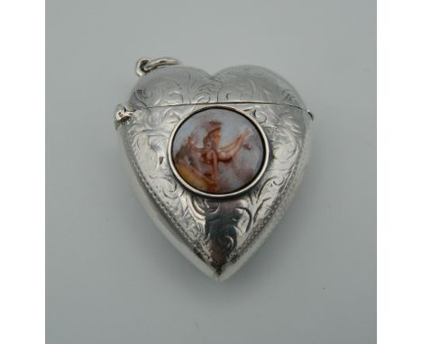 A silver and enamel heart shaped vesta