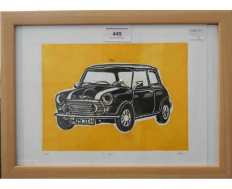 A limited edition print of a Classic Mini, indistinctly signed, numbered 3125, framed and glazed. 26 cm wide.