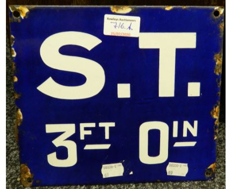 A vintage enamel sign, ''S.T. 3FT Oin''. 23.5 cm wide.