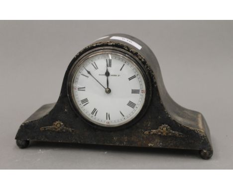 A Mappin &amp; Webb silver plated mantel clock. 24 cm wide.