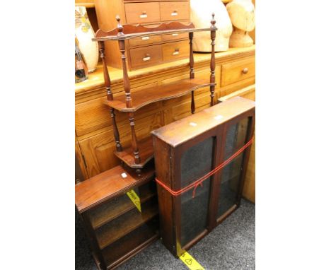 Two glazed display cabinets and a hanging shelf. The largest 86 cm wide.