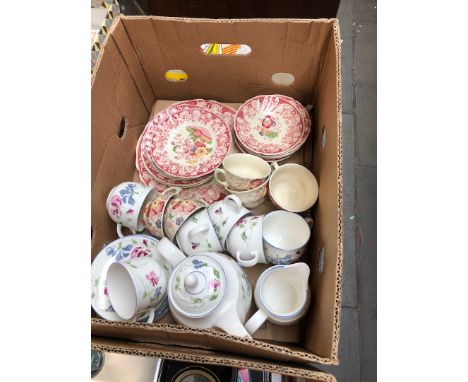 A box of mixed tea/dinner services including Royal Doulton Pomeroy and Amethyst. 