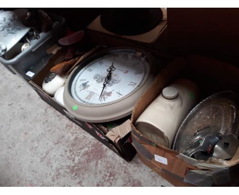 Three boxes of assorted pottery, a clock, metal candle holders and a chamber pot 