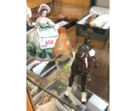 A small Royal Doulton lady figure, Royal Worcester bird and Beswick foal 