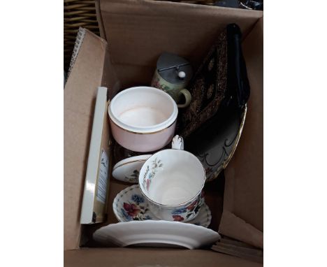 A box of items including trinket box, plate, and a picture etc 