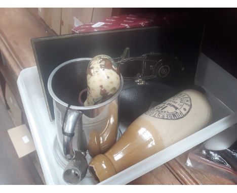 A small box with pipe, stoneware, tankard etc 