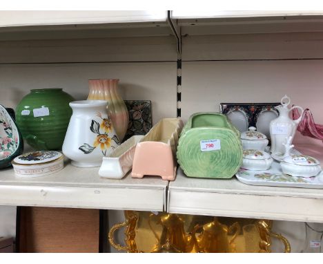 Various pottery including a dressing table set, Crown Devon, Radford, vases etc 