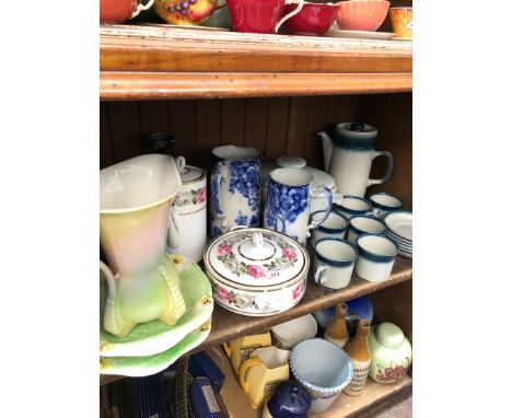 A shelf of pottery including Royal Worcester, Royal Winton, Wedgwood, etc 