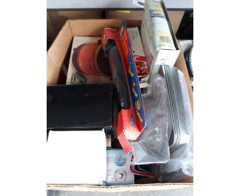 A box of misc kitchen items including scales, mixer, fish steaming dish, boxed Prestige crock-ette, etc 