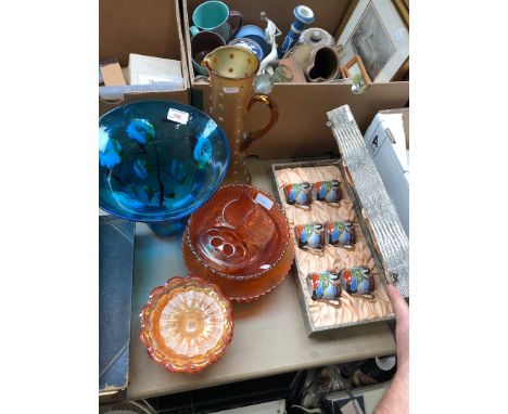 Carnival glass, glass vase and jug and boxed eastern cups and saucer set. 