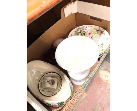 A mixed lot including a Maling bowl, Aynsley vase, various plates, a pink Wedgwood trinket box, and a small Orrefors red bowl