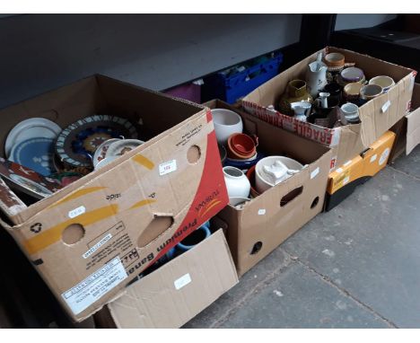 6 boxes containing jugs including Shelley, trinket boxes, candle vases, kitchen items, collectors plates, toby jugs, pots, et