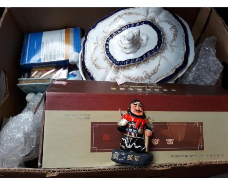 A box of Chinese figures, Yugoslavian tea set, owl trinket box, CDs and 2 turrins by Booths 