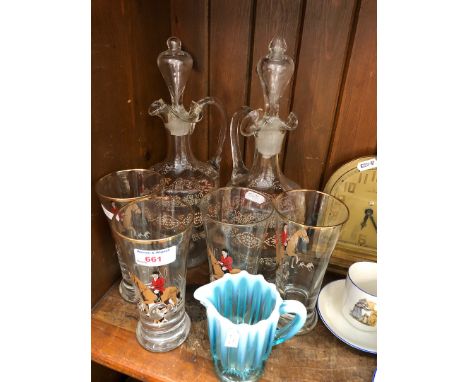 Glass ware comprising a pair of enamelled glass decanters, a set of four vintage glasses with hunting scenes and a vaseline g