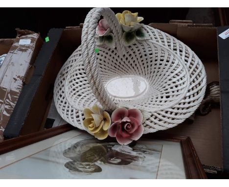 A box with a large Capodimonte flower basket, and a print 