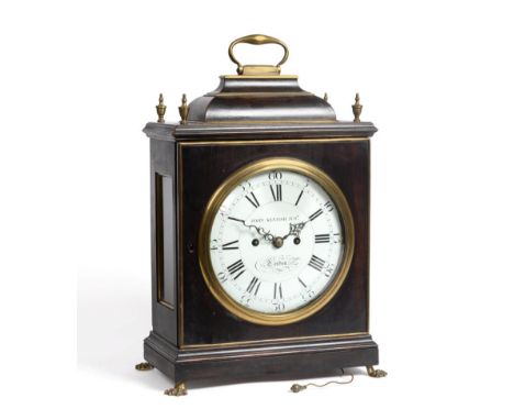 A George III Ebony Veneered Striking Table Clock, signed John Kentish Junr, London, circa 1770, inverted bell top with a carr