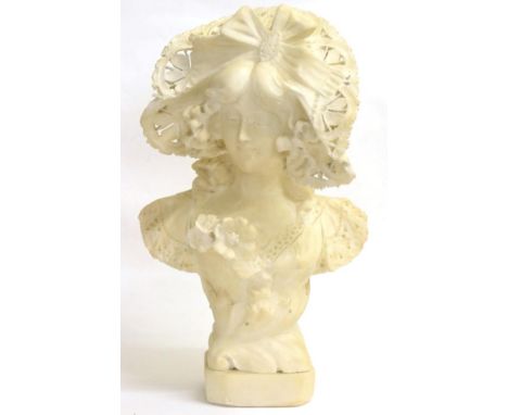 A Palechi: An Alabaster Bust of an Art Nouveau Maiden, wearing a ribbon tied bonnet and lacy dress with flower button hole, o