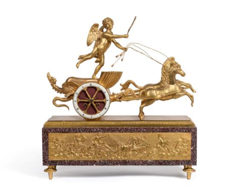 A Louis Philippe Ormolu Striking Chariot Mantel Clock, circa 1840, surmounted by a chariot with a standing winged cherub hold