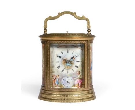 An Oval Brass Engraved Porcelain Mounted Striking and Repeating Alarm Carriage Clock, signed W.Schonberger, Wien, circa 1890,