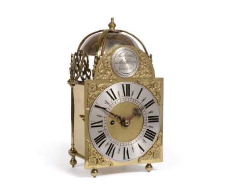 A Brass Lantern Wall Clock with Passing Strike, four posted case with pierced frets, single fusee movement with an anchor esc